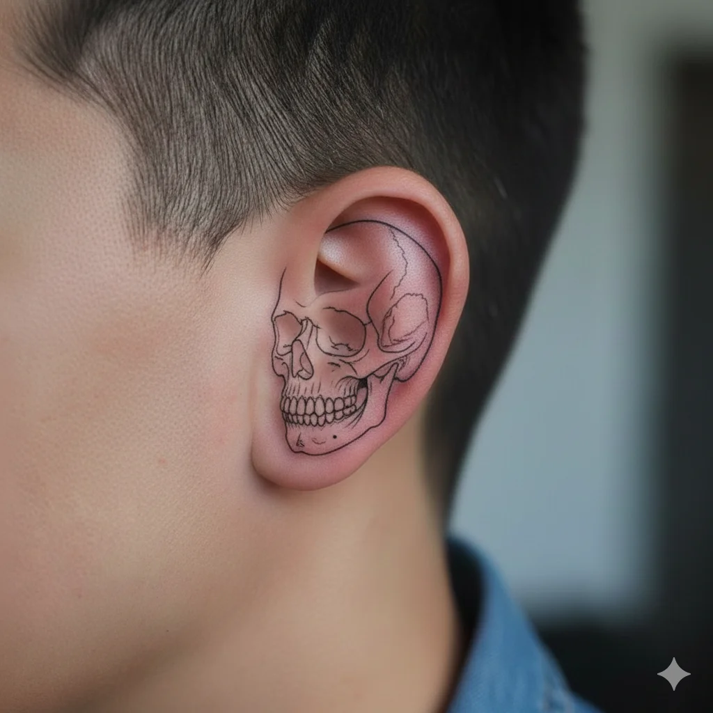 minimalist skull outline ear tattoo showing subtle small ear tattoo designs  skull ear tattoos for men