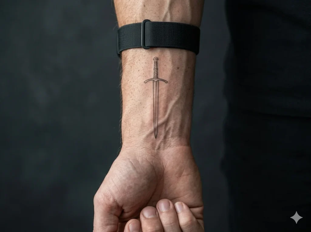 small minimalist sword tattoo for men wrist