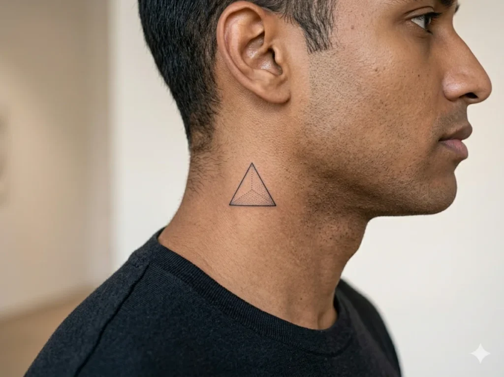 Small minimalist triangle tattoo on side of neck with thin black lines and sharp symmetry on deep tan skin tone