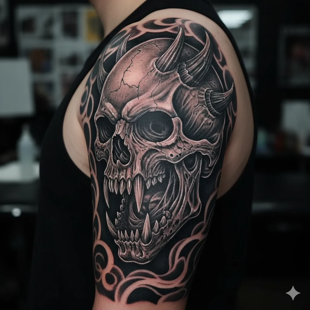 monster skull tattoo for men shoulder or upper arm bold black and grey horror tattoo