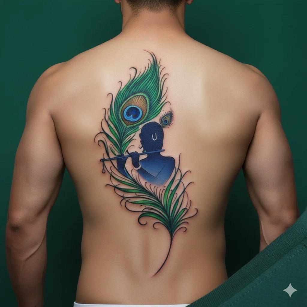 Peacock feather Krishna tattoo for men side neck symbolic spiritual design