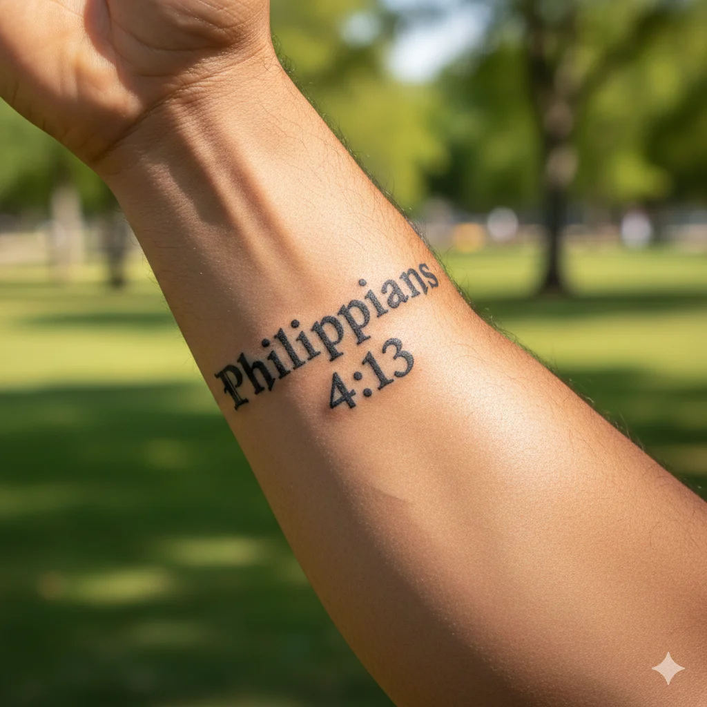 Close-up of Philippians 4:13 forearm tattoo for men in bold black serif lettering symbolizing strength and faith in Christ, realistic masculine Bible verse tattoo design