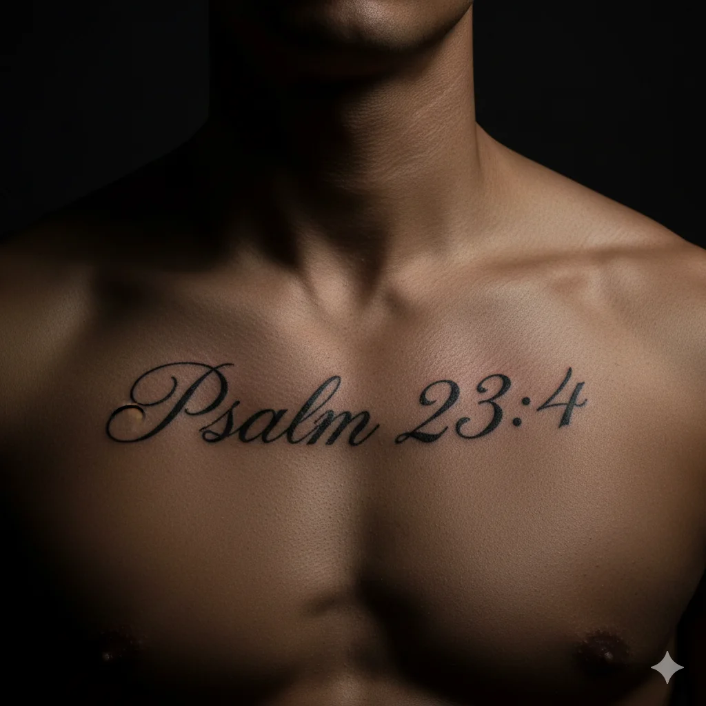 Psalm 23:4 chest scripture tattoo for men in elegant script font across collarbone symbolizing divine protection and courage.