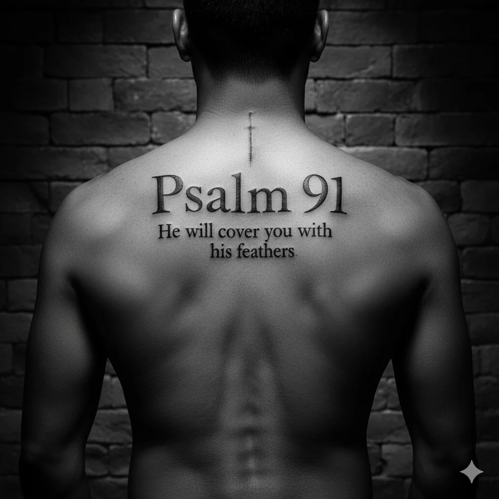 Psalm 91 spine tattoo for men in vertical layout symbolizing protection and faith strength. Bible Verse / Word Tattoos