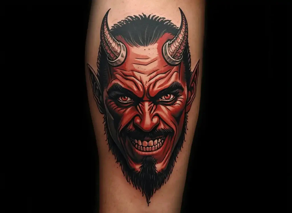 Realistic demon face forearm tattoo men