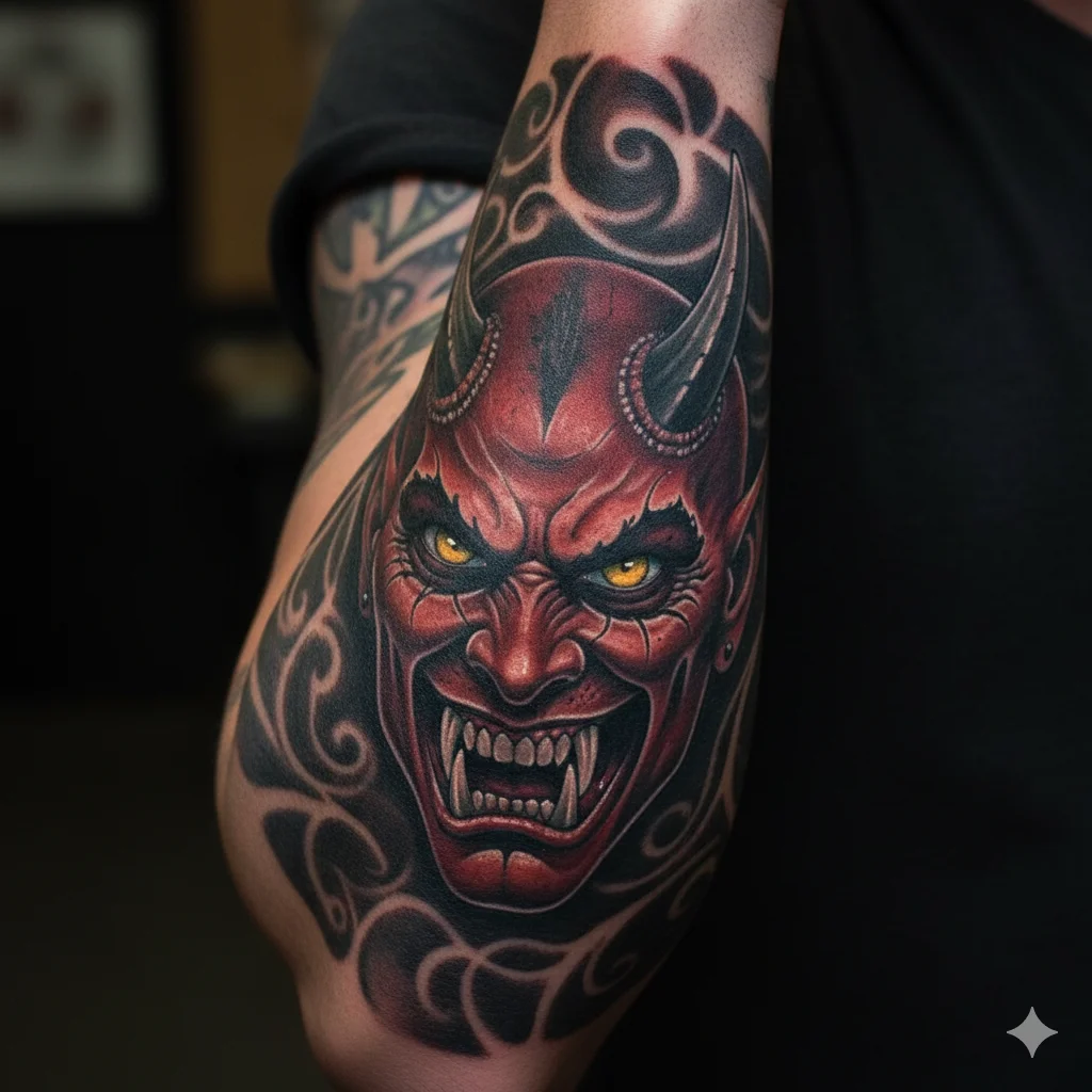 realistic devil portrait tattoo for men forearm