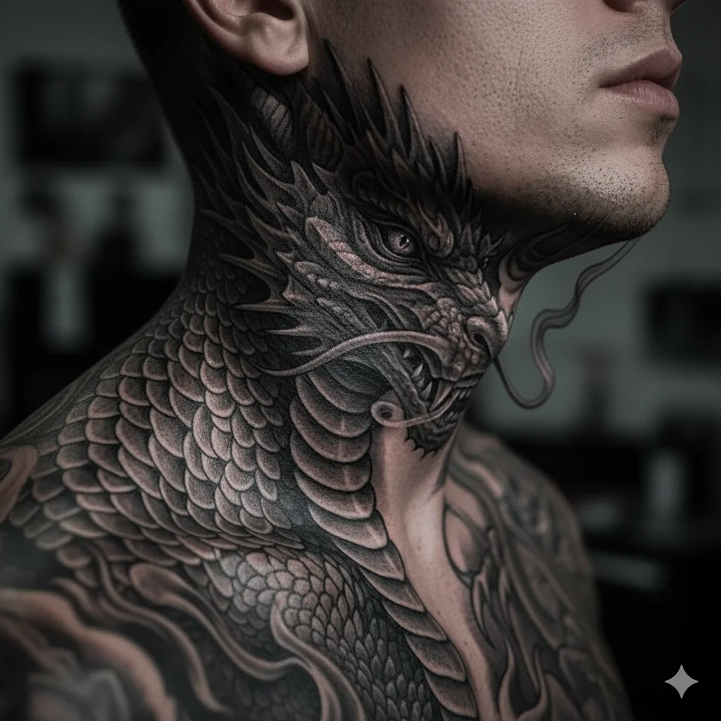 dragon neck tattoo for men in realistic black and grey style