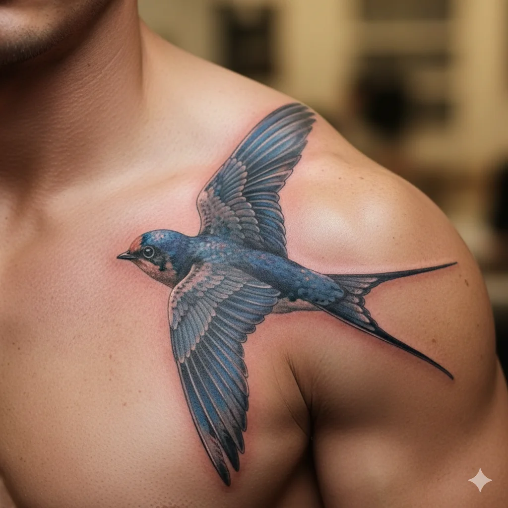 realistic swallow shoulder tattoo men