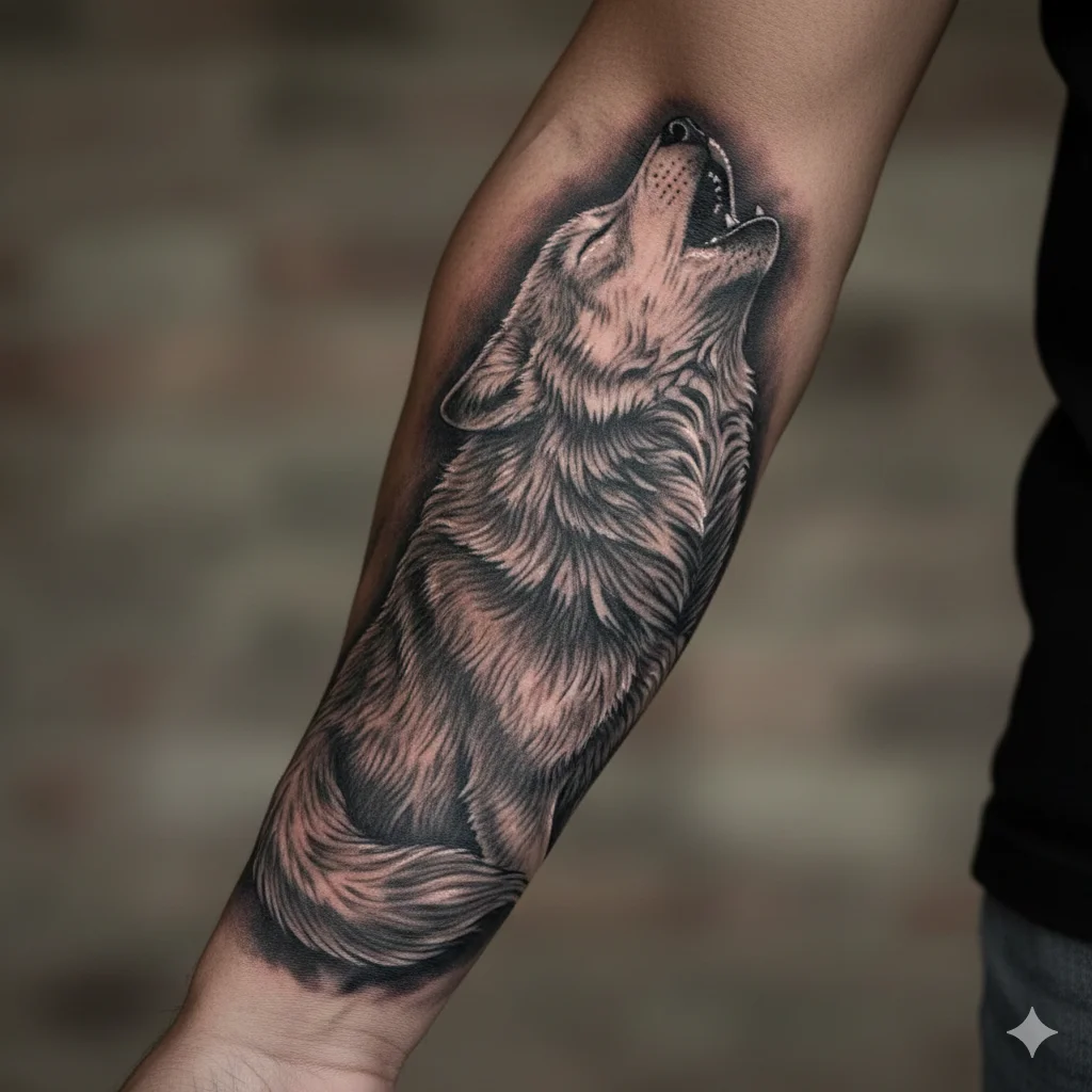 realistic howling wolf forearm tattoo for men