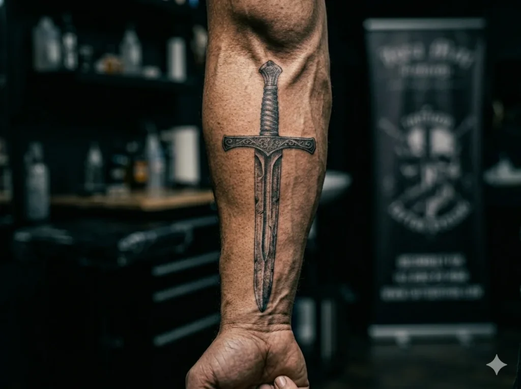 realistic medieval sword tattoo for men forearm