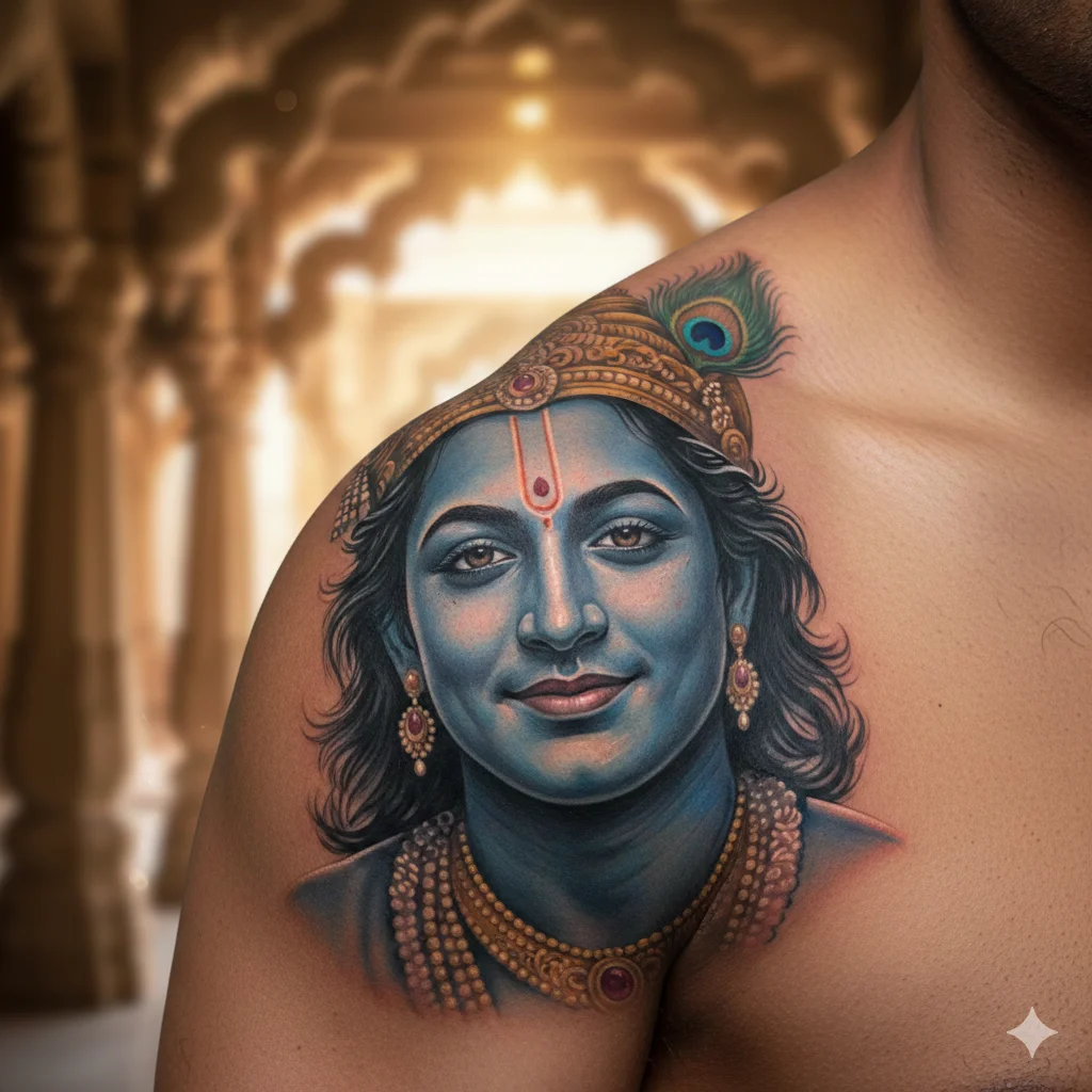 Realistic portrait Krishna tattoo for men on shoulder with detailed eyes and spiritual black and grey shading devotional tattoo design