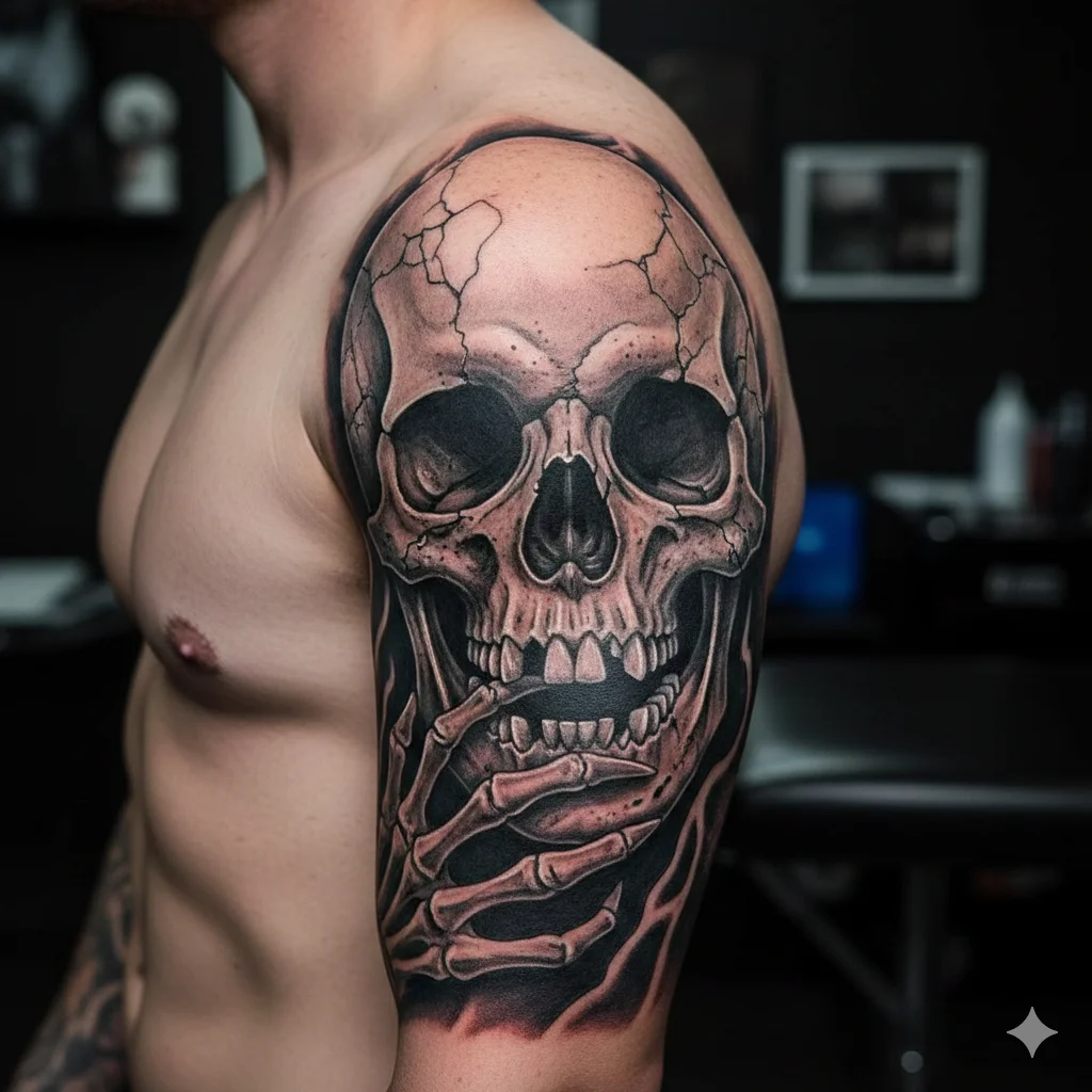 realistic skull horror tattoo for men black and grey bold tattoo design