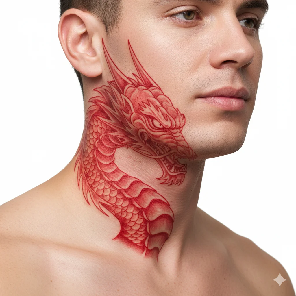 dragon neck tattoo for men with bold red ink dragon design