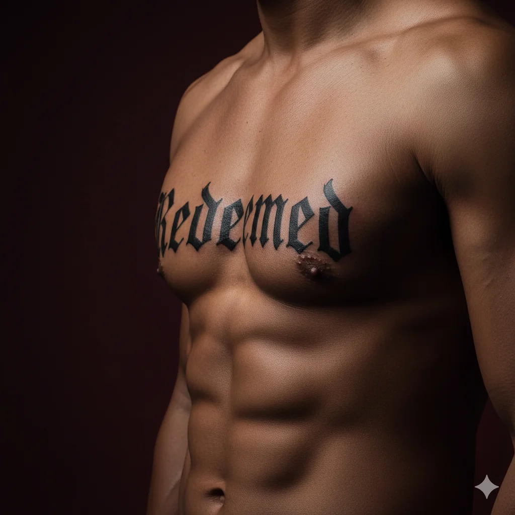 Redeemed word rib tattoo for men in gothic font symbolizing forgiveness and spiritual transformation.