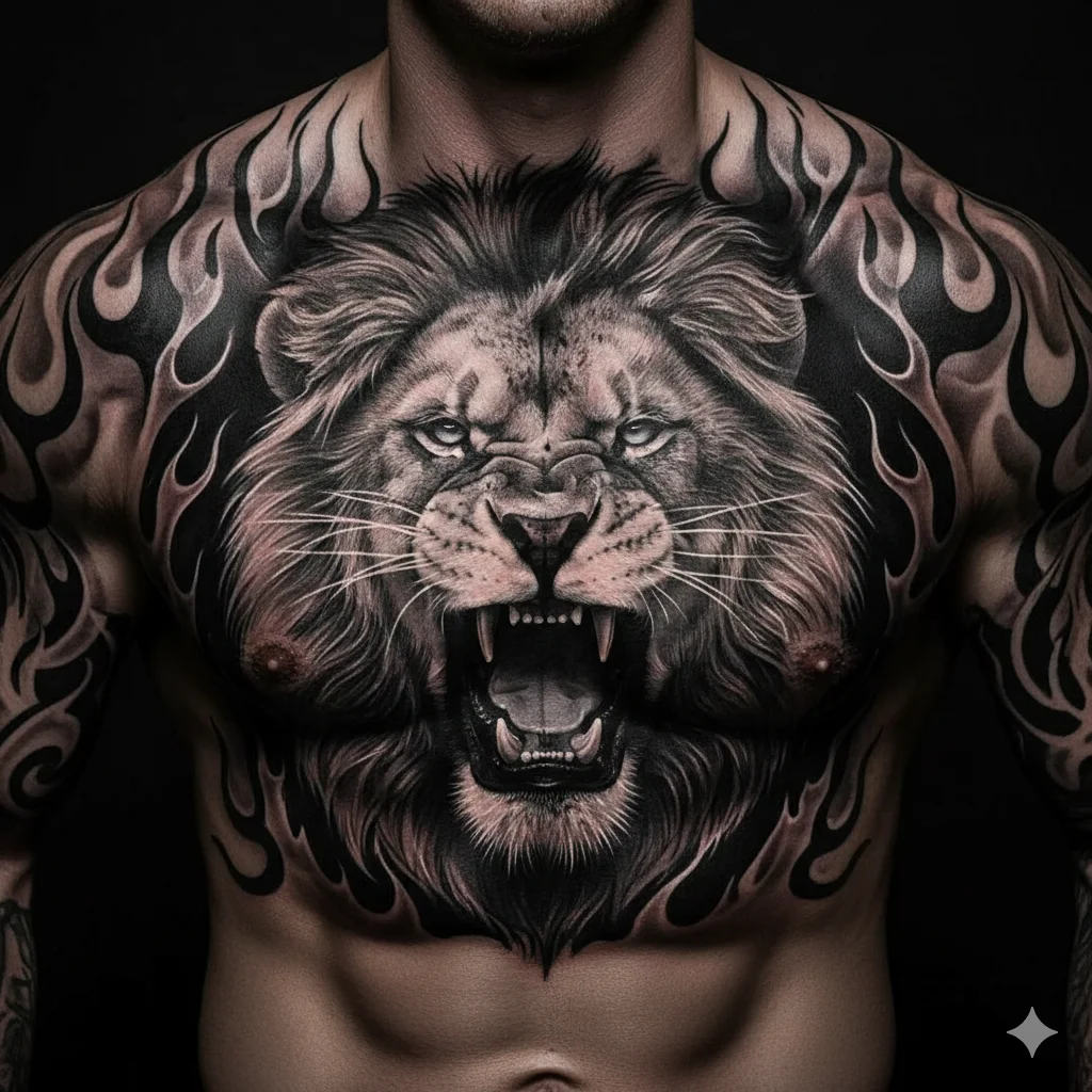 roaring lion with flames chest tattoo bold aggressive design