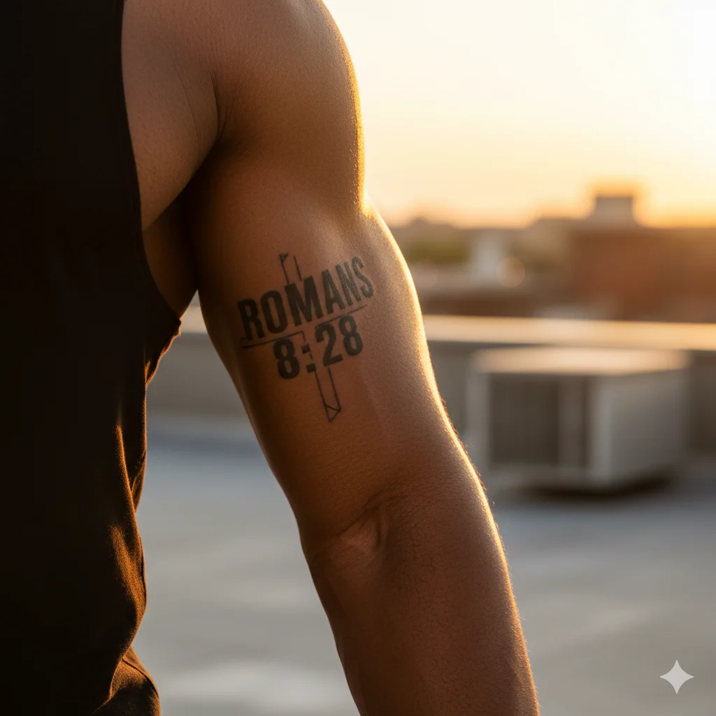 Romans 8:28 inner arm tattoo for men in bold capital lettering with cross background symbolizing trust in God's plan.
