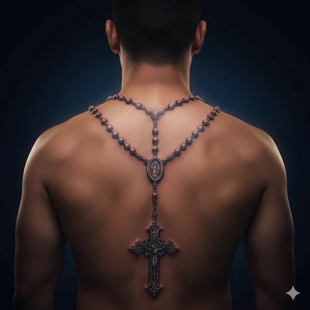 Rosary beads and cross faith spine tattoo for men in detailed black ink vertical religious design