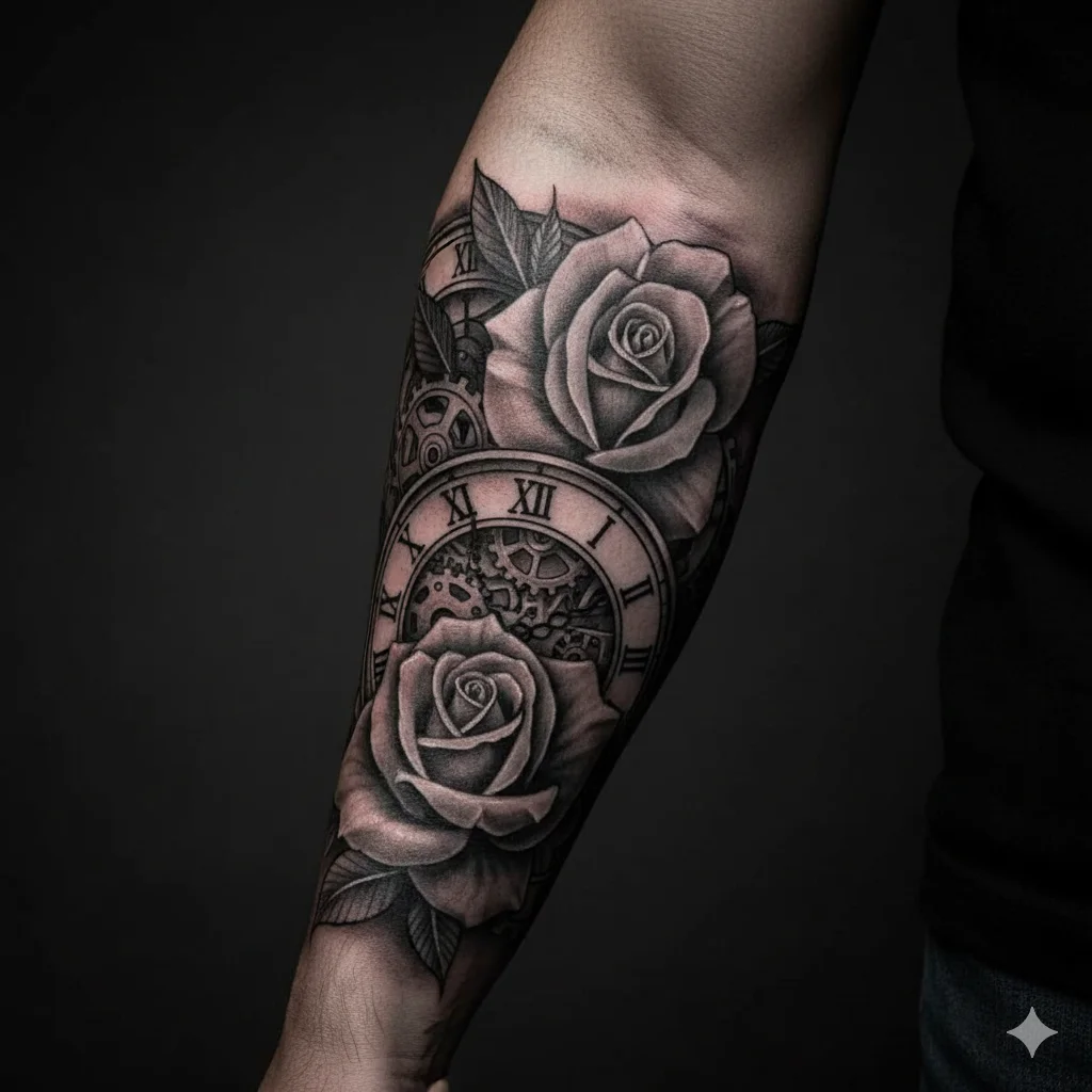 rose and clock tattoo design for men forearm