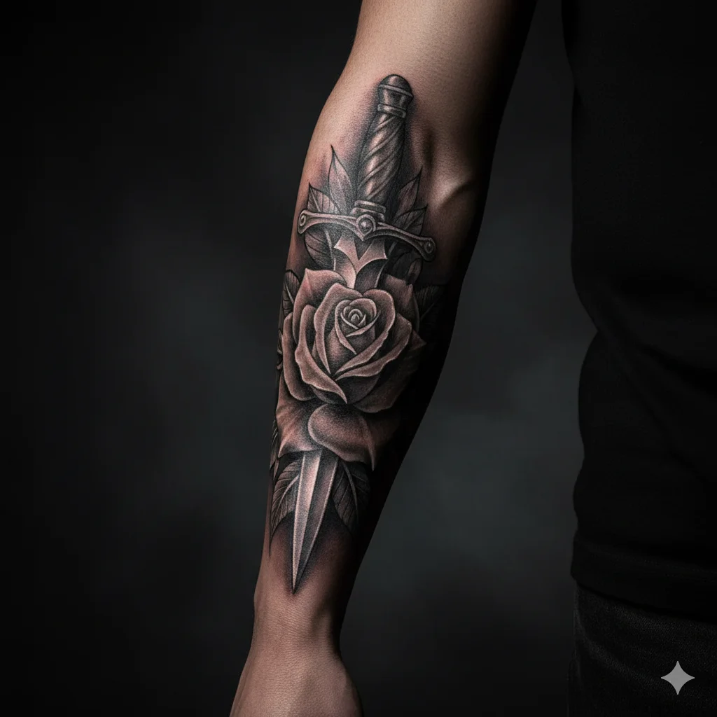 rose with dagger tattoo design for men