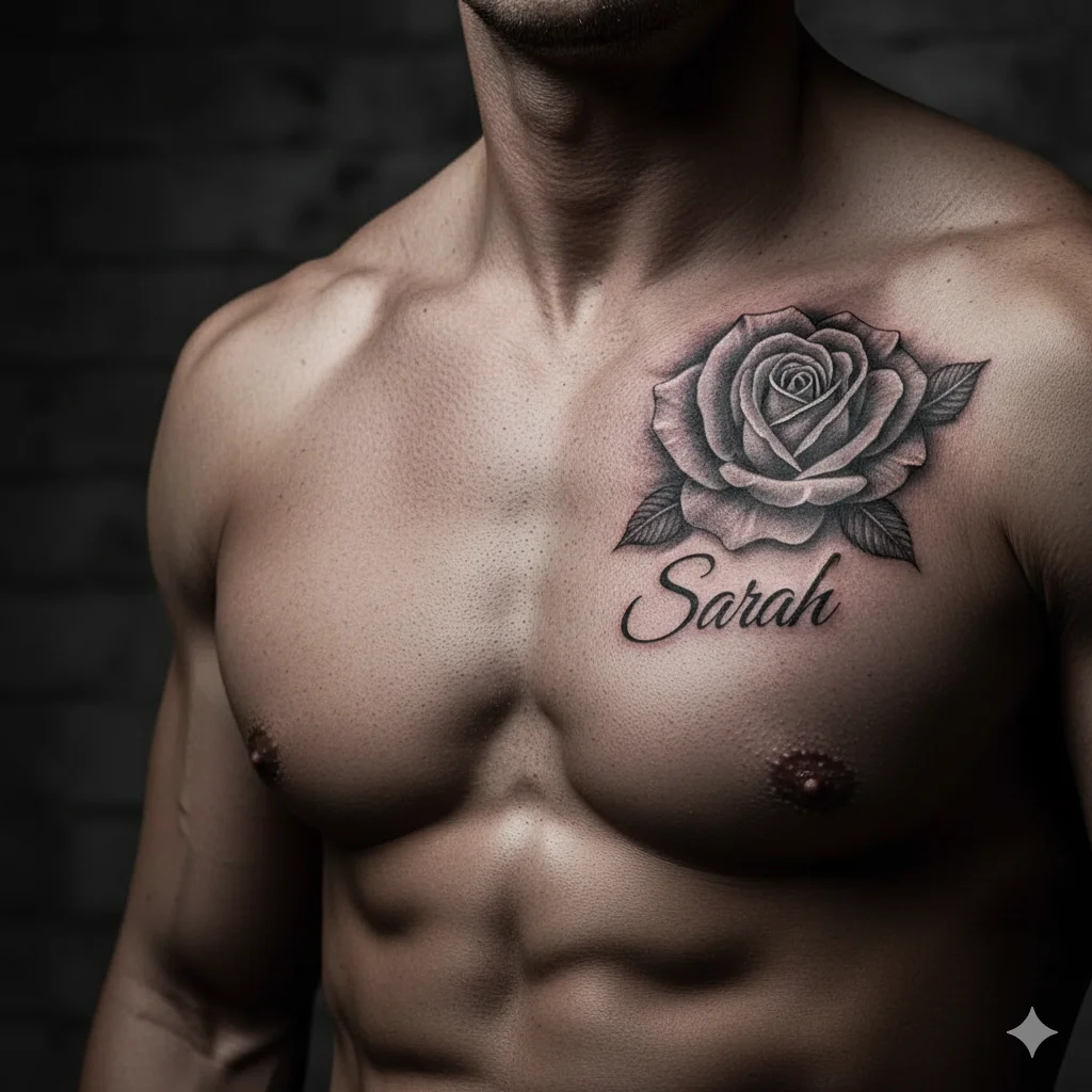 rose with name tattoo for men chest
