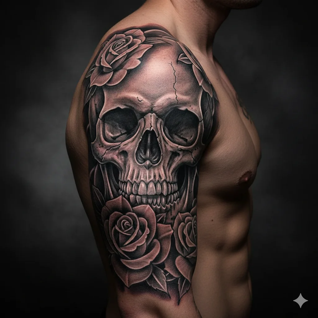 rose with skull tattoo design for men sleeve