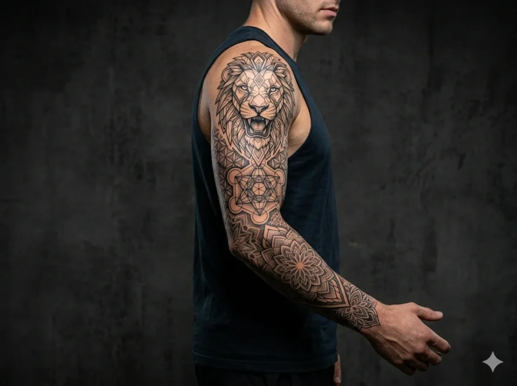 Full arm sacred geometry sleeve tattoo with intricate mandala patterns and precise black ink linework on light skin tone Geometric Tattoo Designs