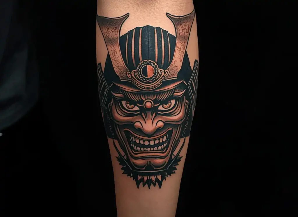 Samurai demon mask forearm tattoo men