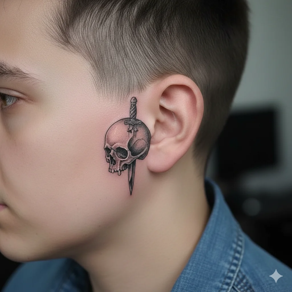 skull with dagger ear tattoo for men showing bold black ink small design