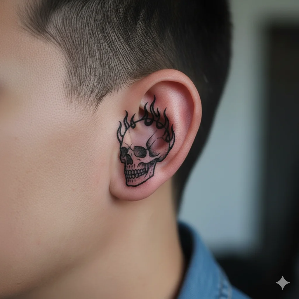 skull with flame ear tattoo for men in black ink