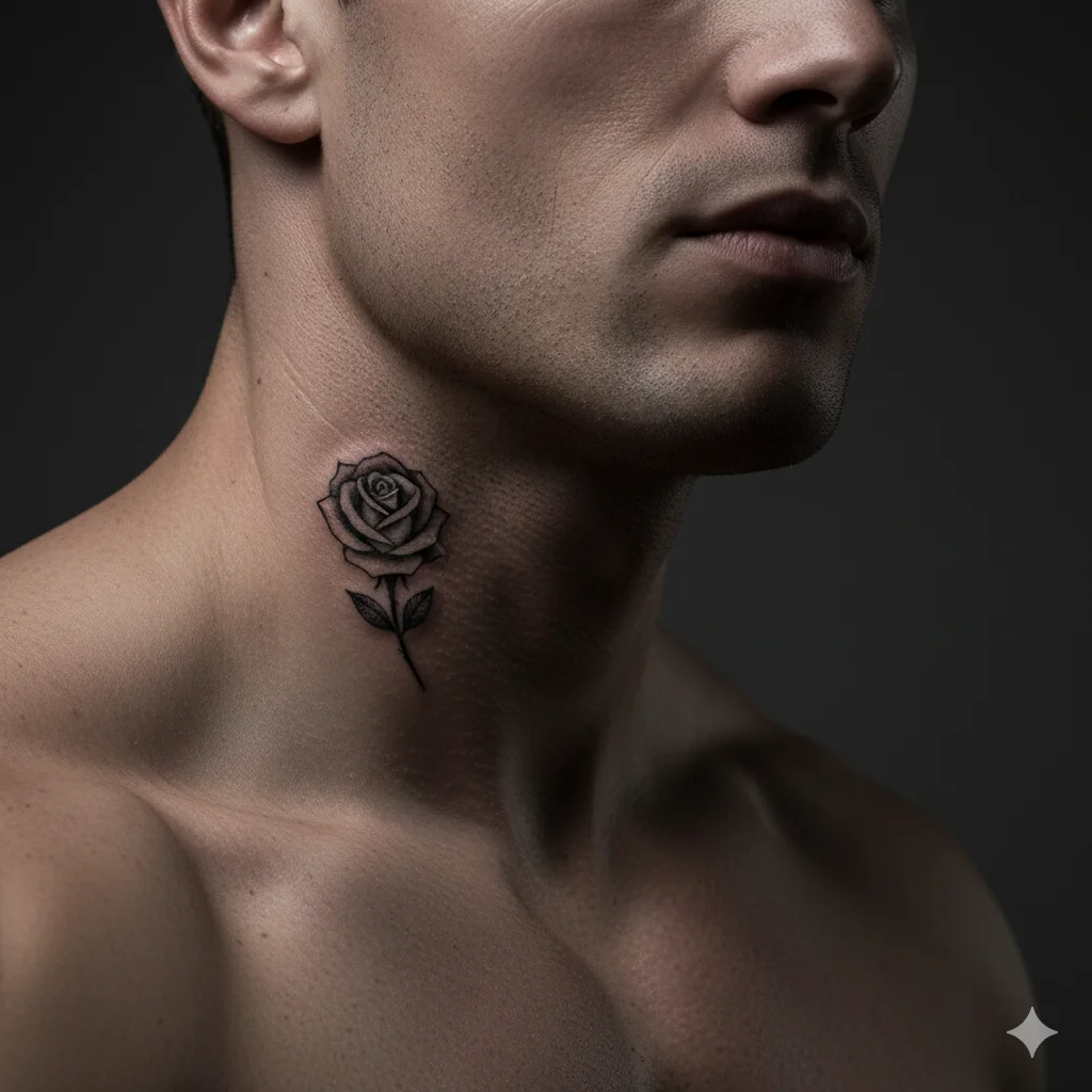 small neck rose tattoo for men black and grey