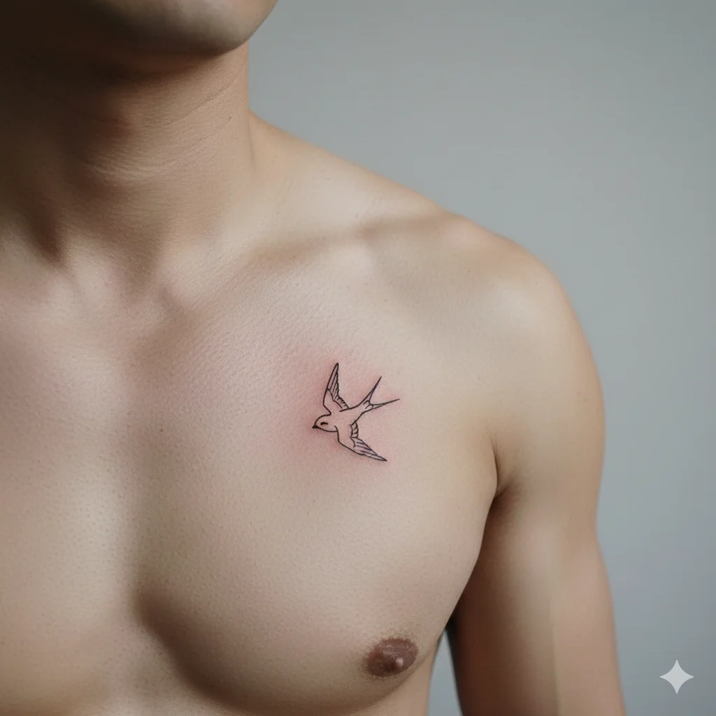 small swallow shoulder tattoo near collarbone men