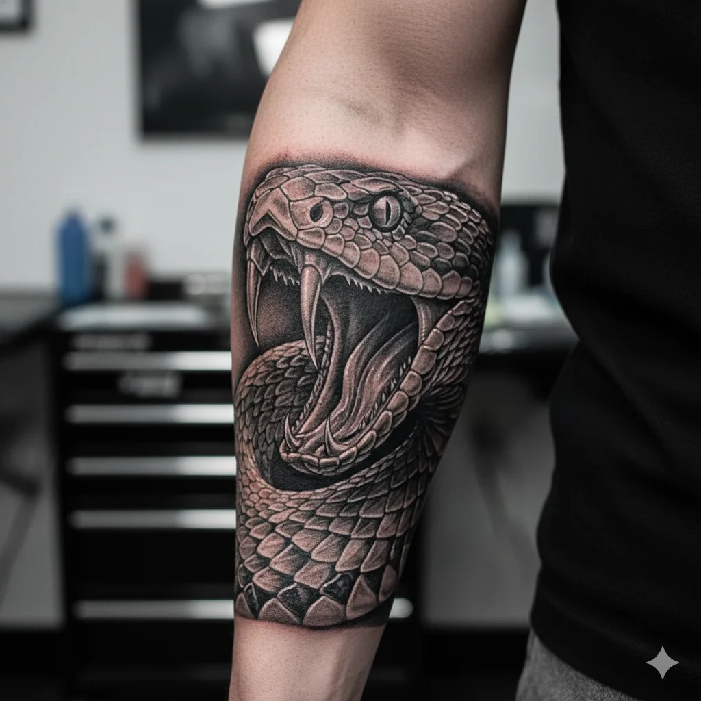 Snake head forearm tattoo