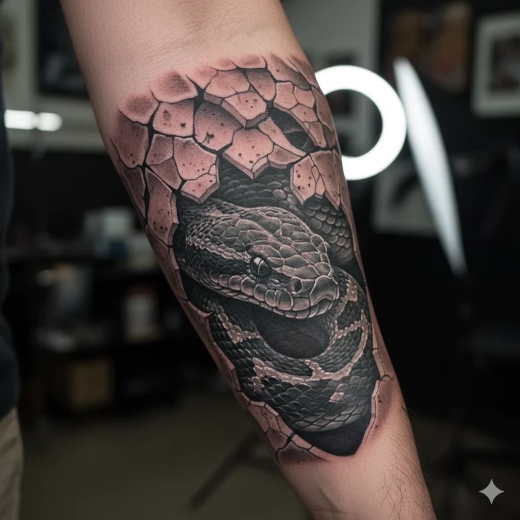 Snake under cracked skin tattoo
