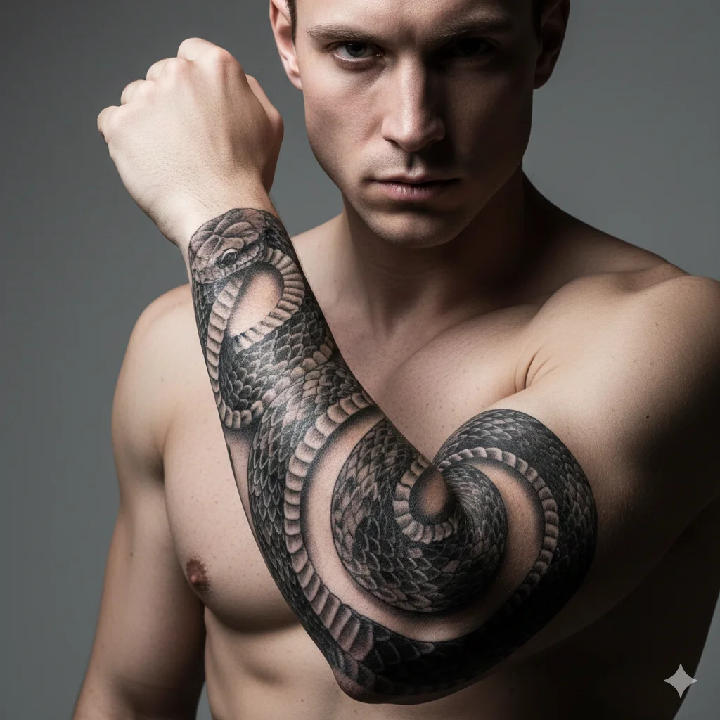 Wrapped snake forearm tattoo