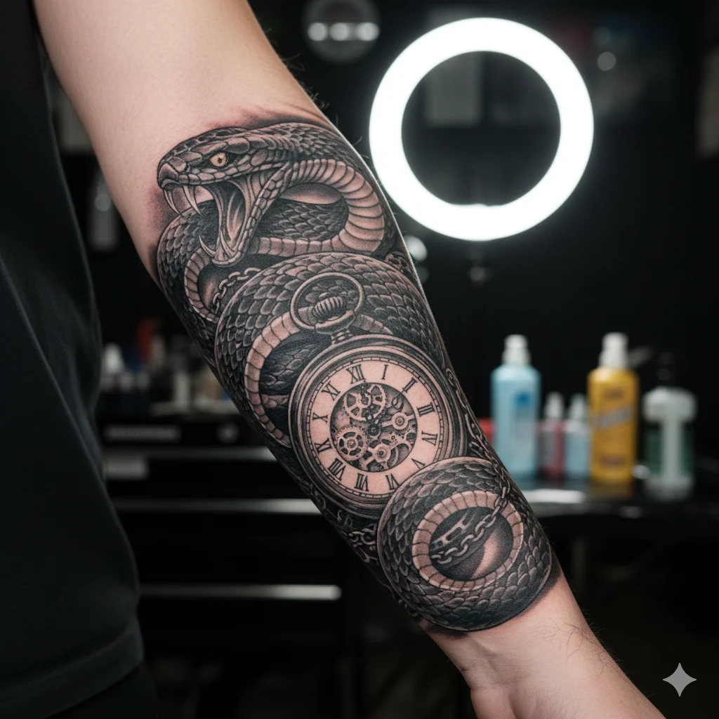 Snake clock forearm tattoo