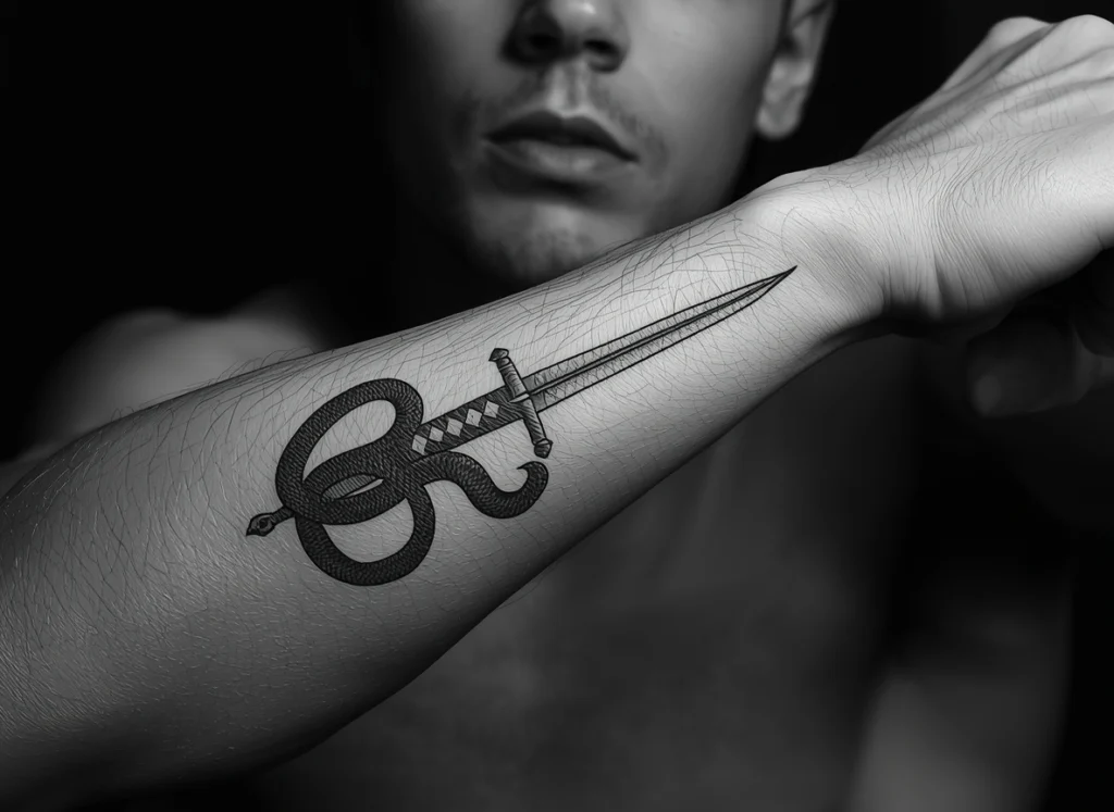 Snake dagger forearm tattoo