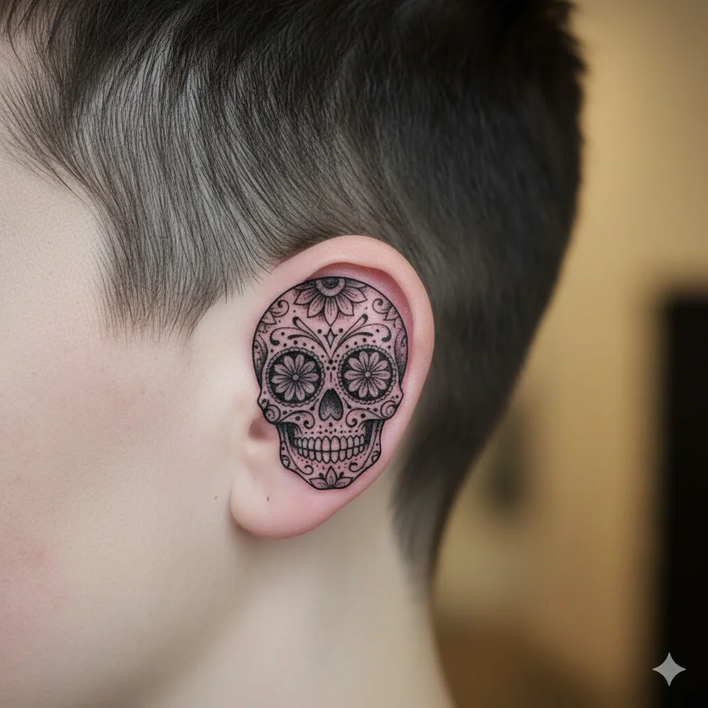 sugar skull ear tattoo for men showing intricate decorative patterns