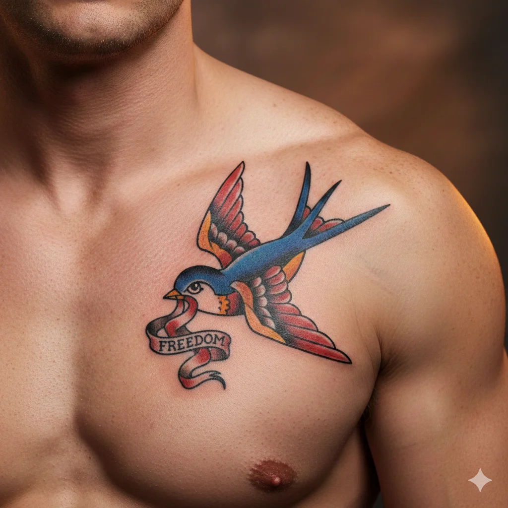 swallow banner shoulder tattoo men