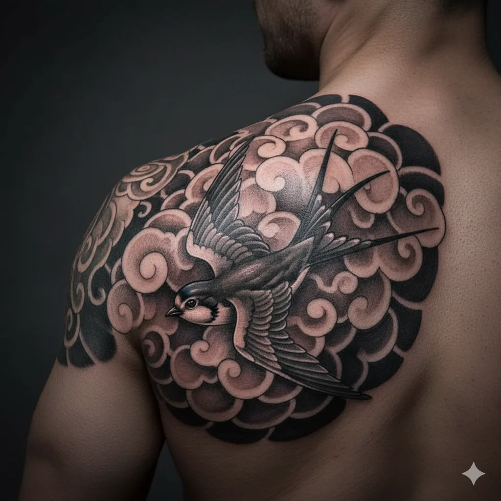 swallow clouds shoulder tattoo men