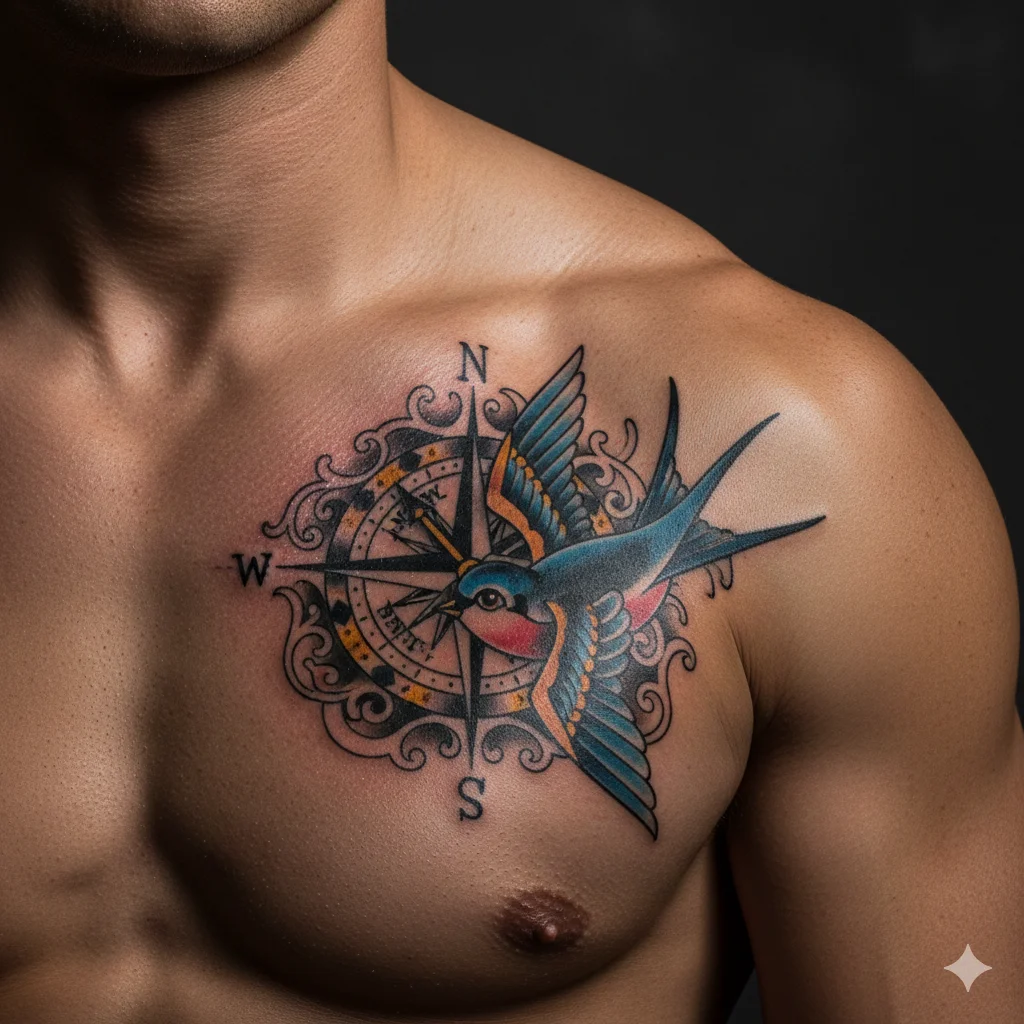 swallow compass shoulder tattoo men