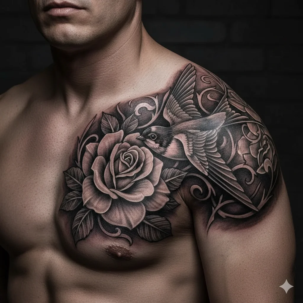swallow rose shoulder tattoo men