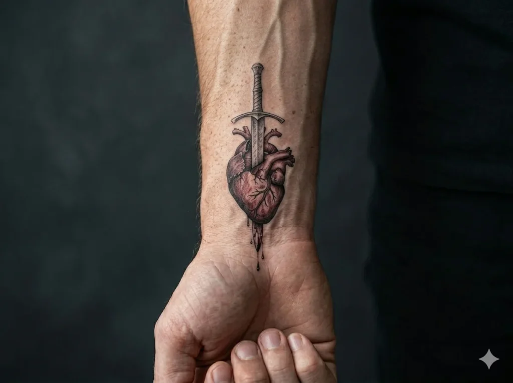 sword piercing heart tattoo design for men forearm