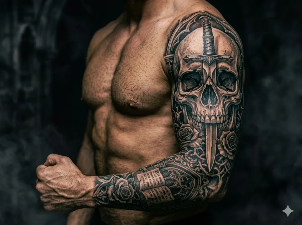 sword with skull tattoo sleeve for men