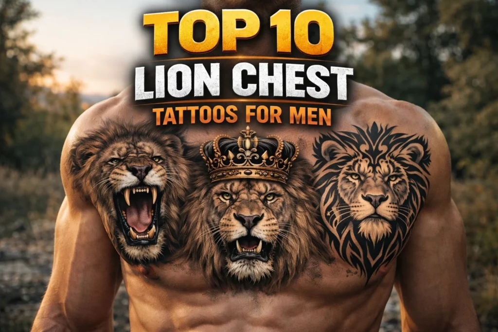 featured image showing top 10 lion chest tattoos for men bold masculine ink designs