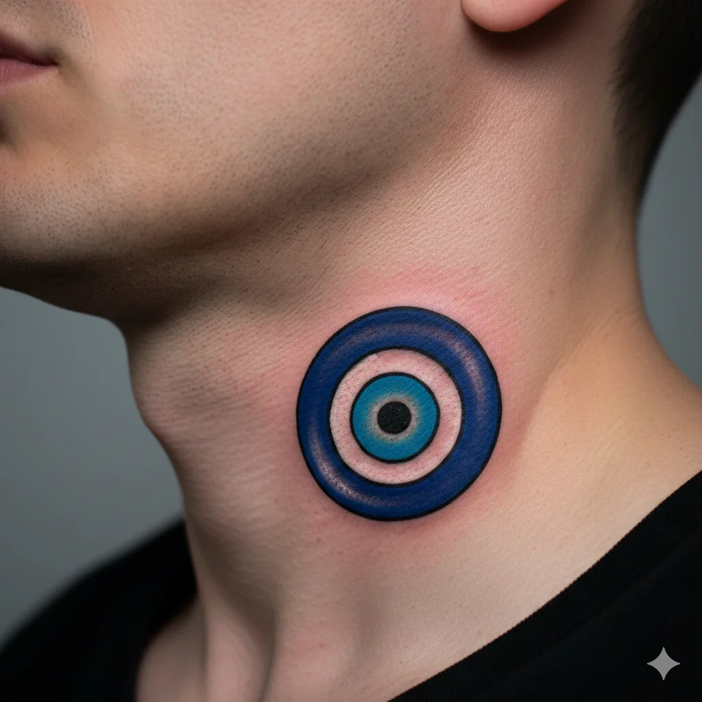 traditional blue evil eye neck tattoo for men side placement