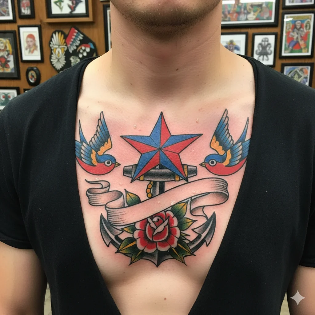 Traditional chest tattoo featuring nautical star, anchor, rose, and banner elements with strong black outlines and bright colors.