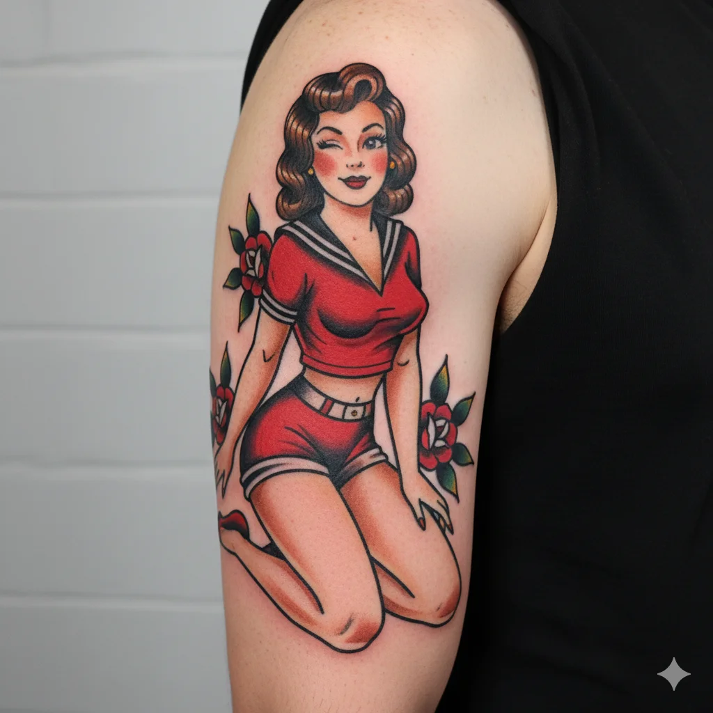 traditional pin up girl tattoo for men old school