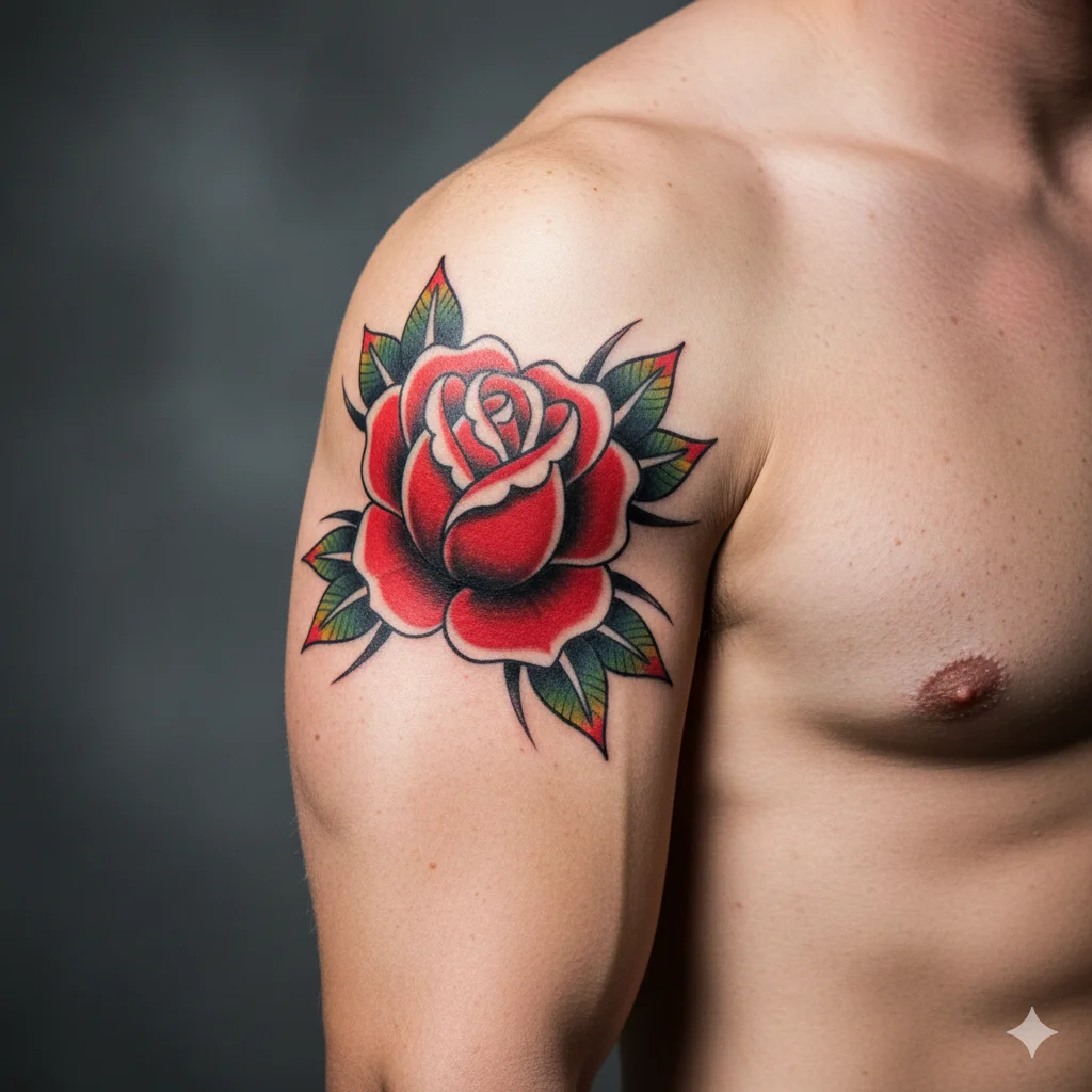 traditional red rose tattoo for men bicep