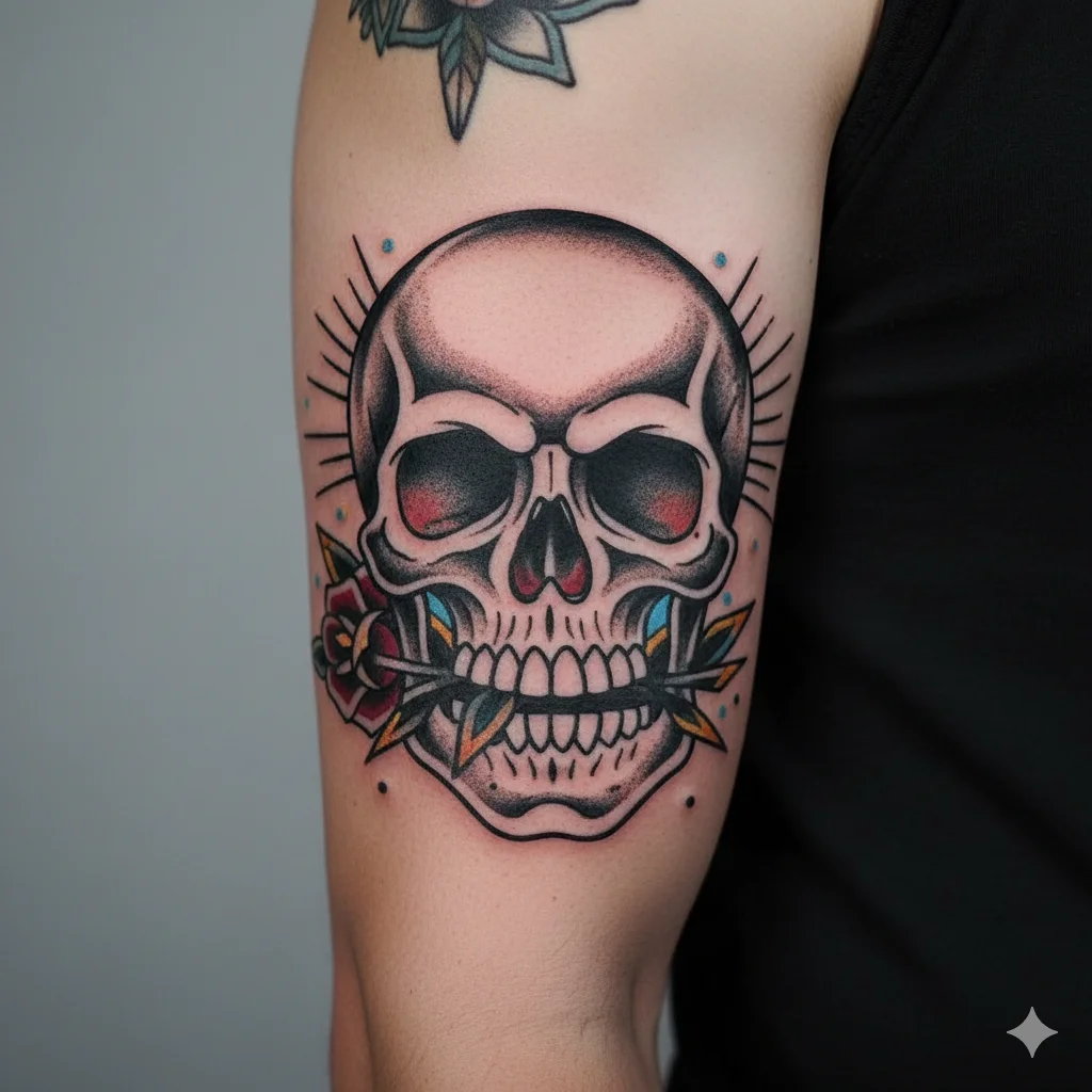 traditional skull tattoo for men old school style