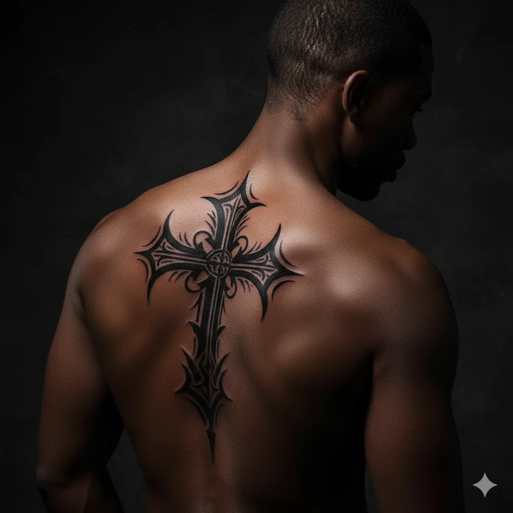 Bold tribal cross spine tattoo for men with thick black ink lines and masculine warrior inspired design